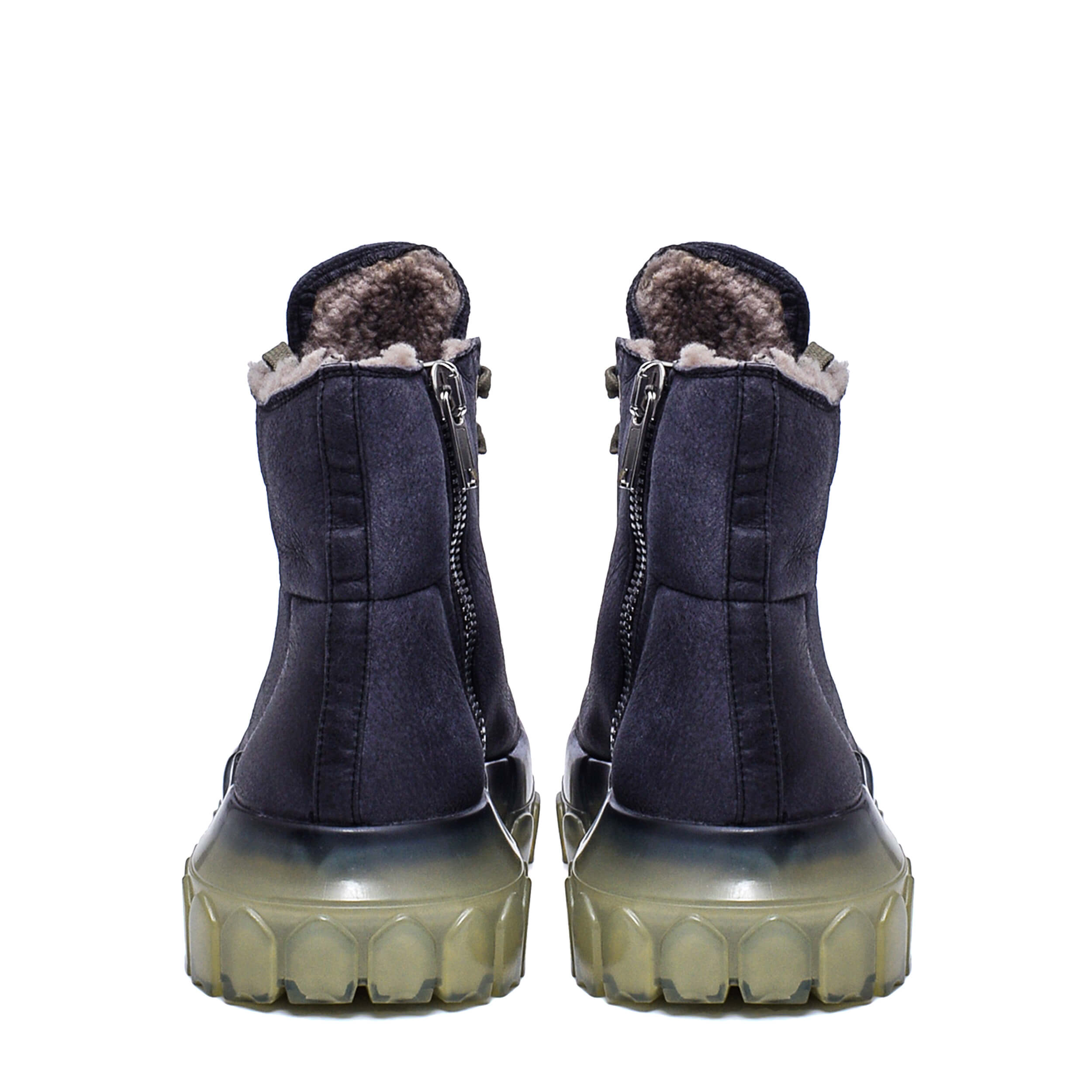 Rick Owens - Navy Blue Leather Shearling Mega Bozo Tractor Boots / 38